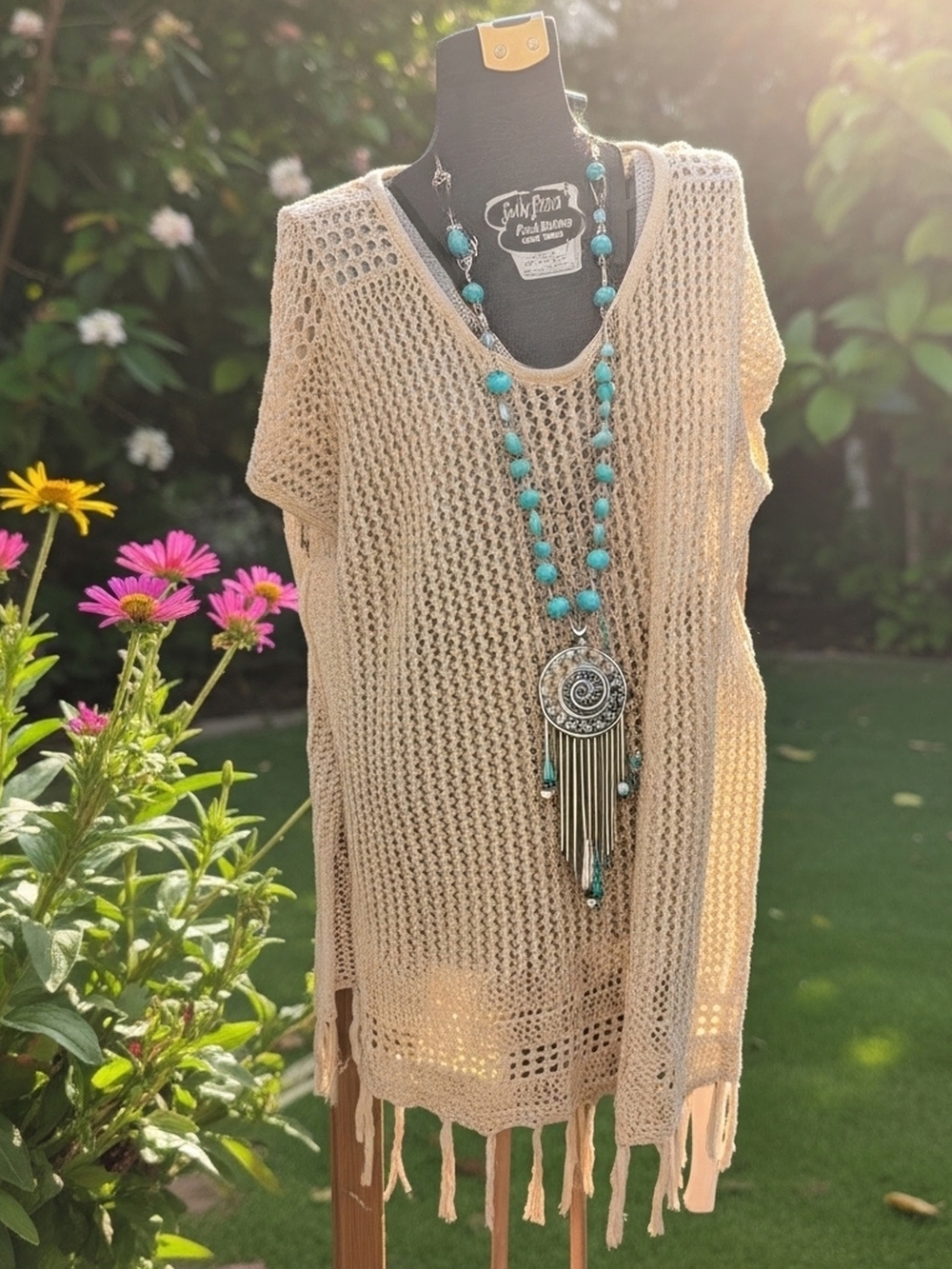 Sonoma Goods For Life Crochet Fringe Poncho Swim Cover Up Tan One Size Boho